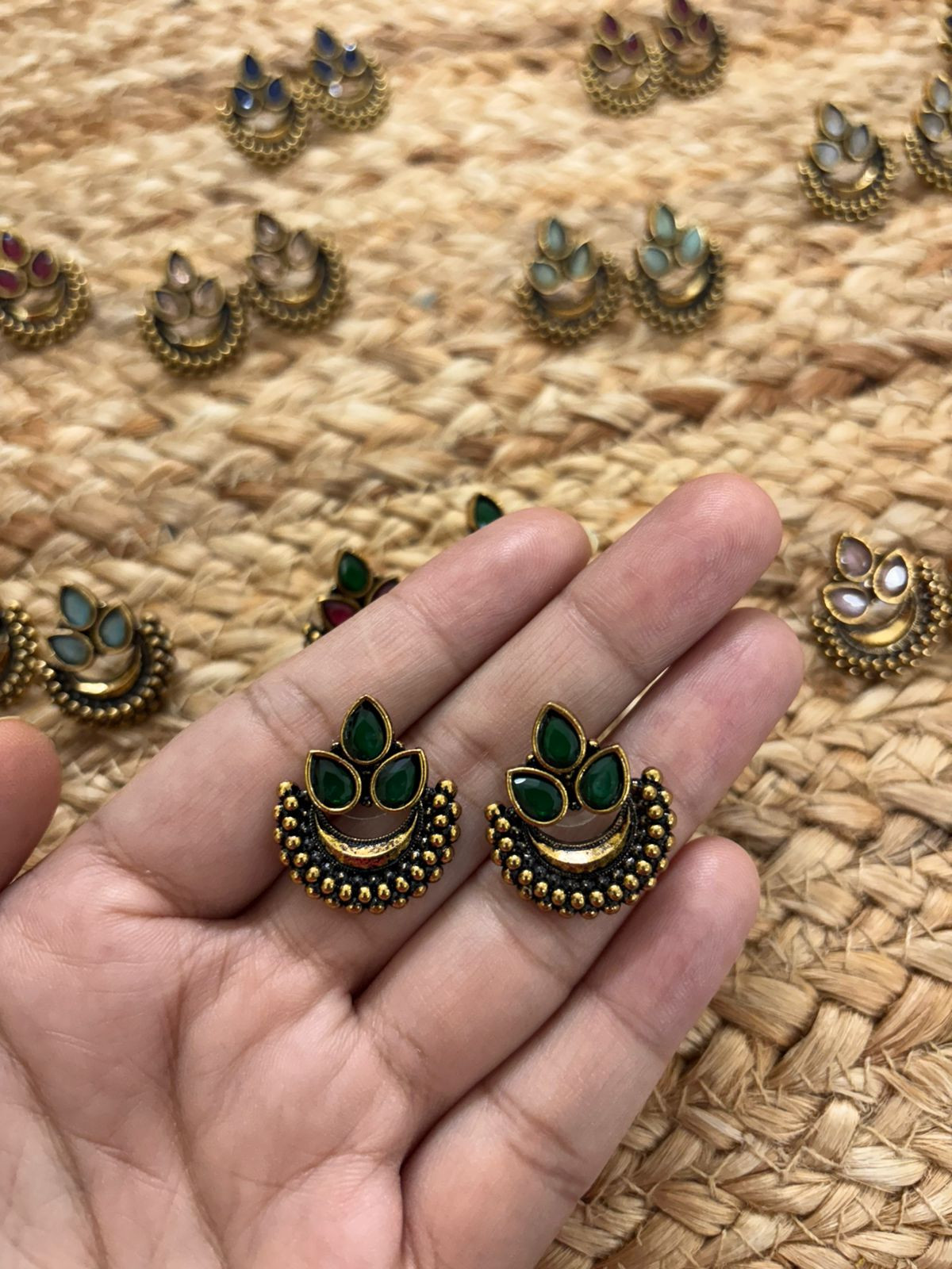 Metallic Oxidised Gold Earrings - Green