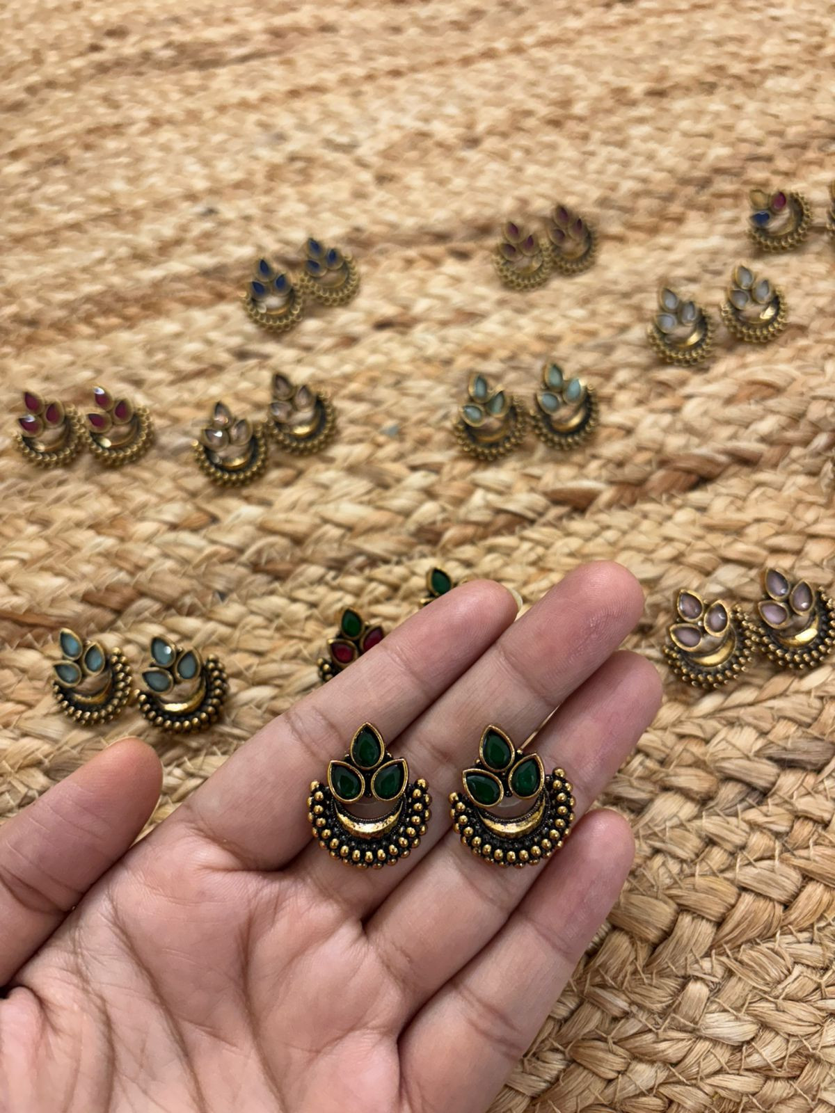 Metallic Oxidised Gold Earrings - Green