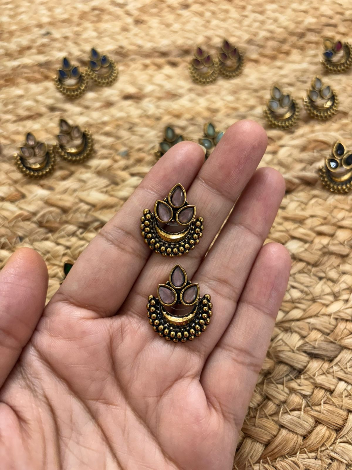 Metallic Oxidised Gold Earrings - Pink