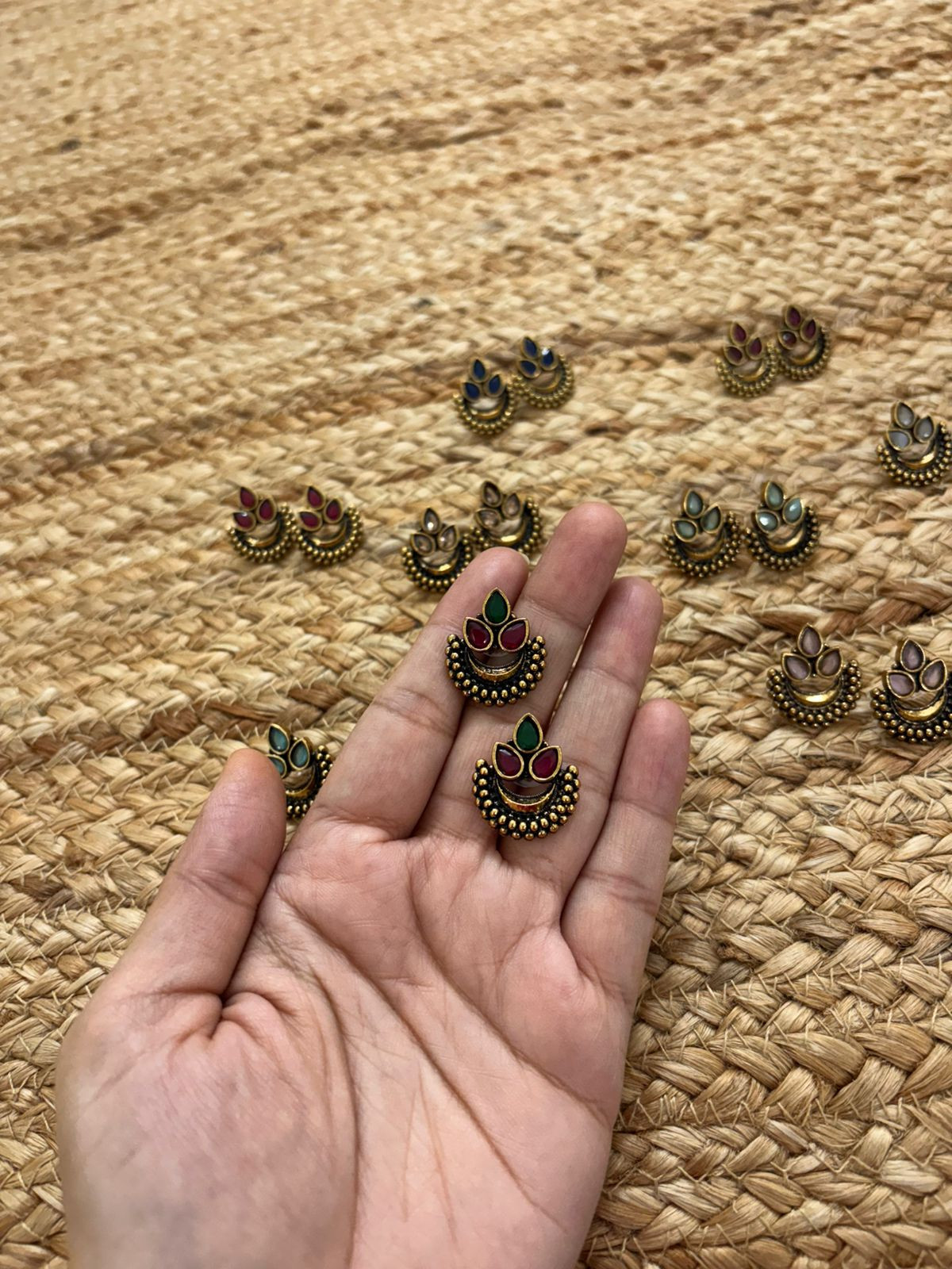 Metallic Oxidised Gold Earrings - Red-Green