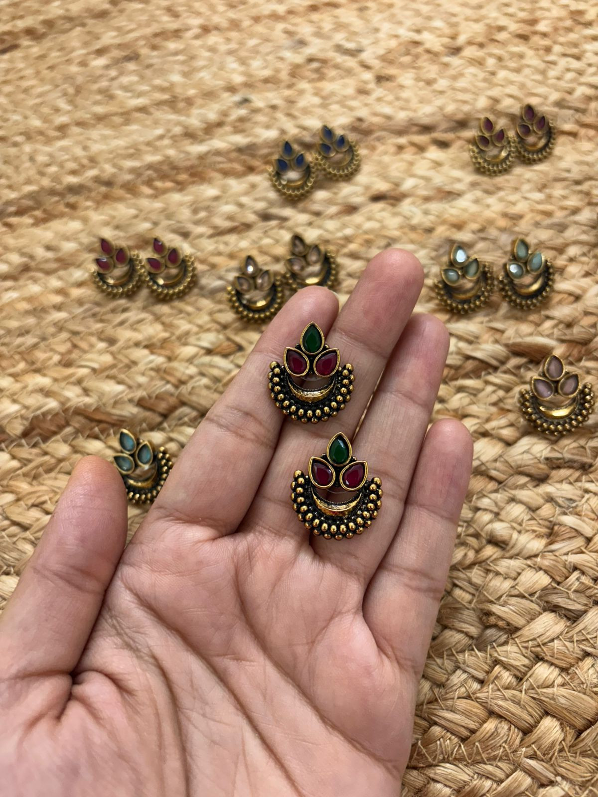 Metallic Oxidised Gold Earrings - Red-Green