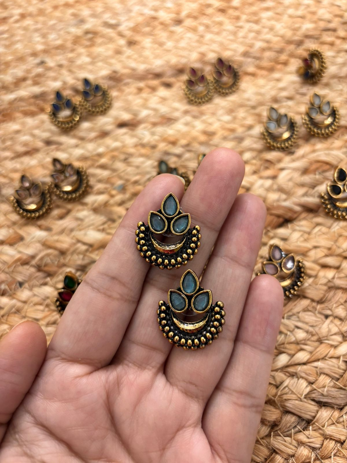 Metallic Oxidised Gold Earrings - Sea Blue