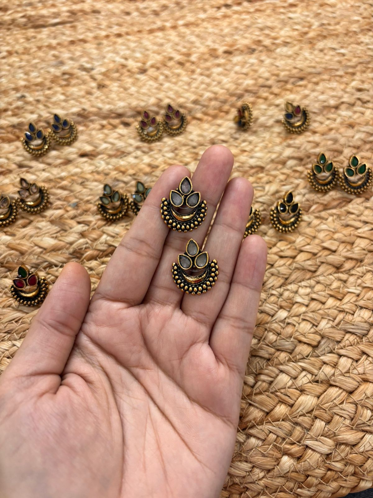 Metallic Oxidised Gold Earrings - White