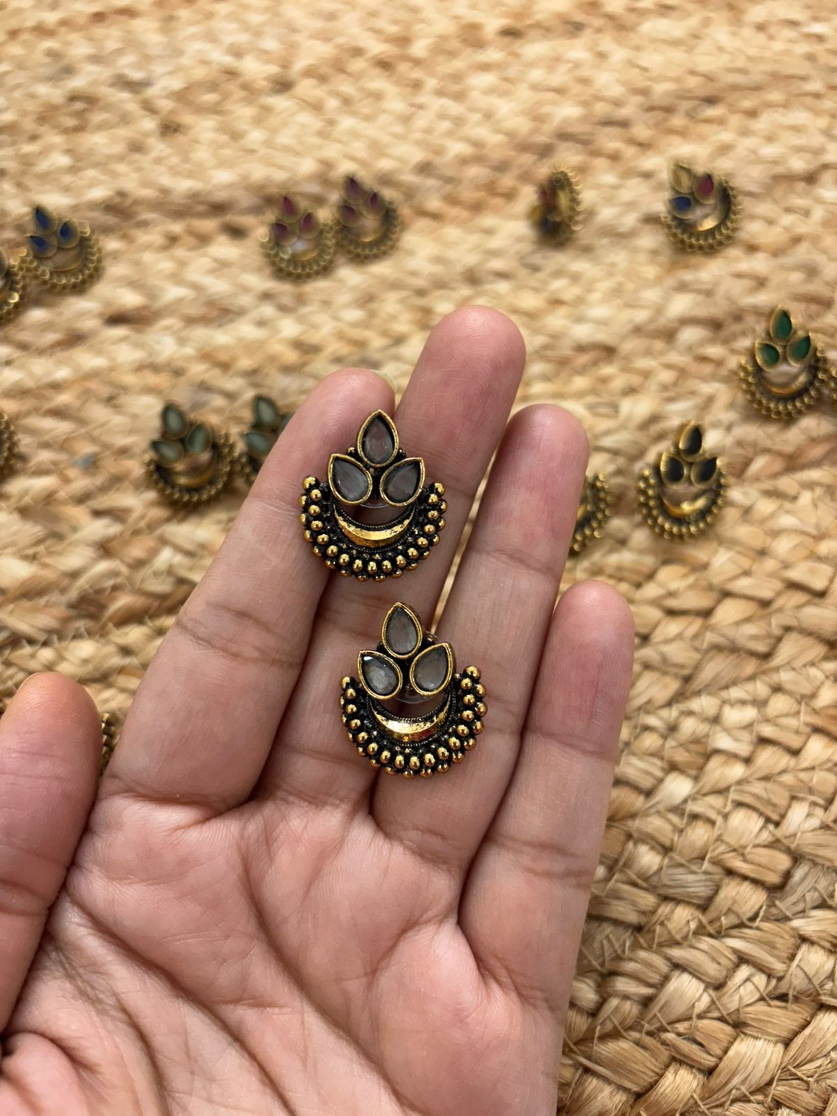 Metallic Oxidised Gold Earrings - White