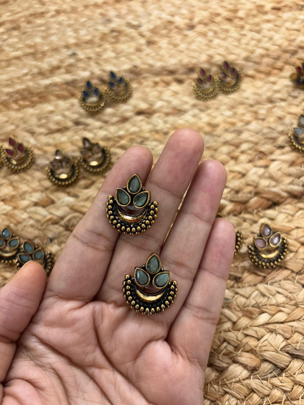 Metallic Oxidised Gold Earrings - Sea Green