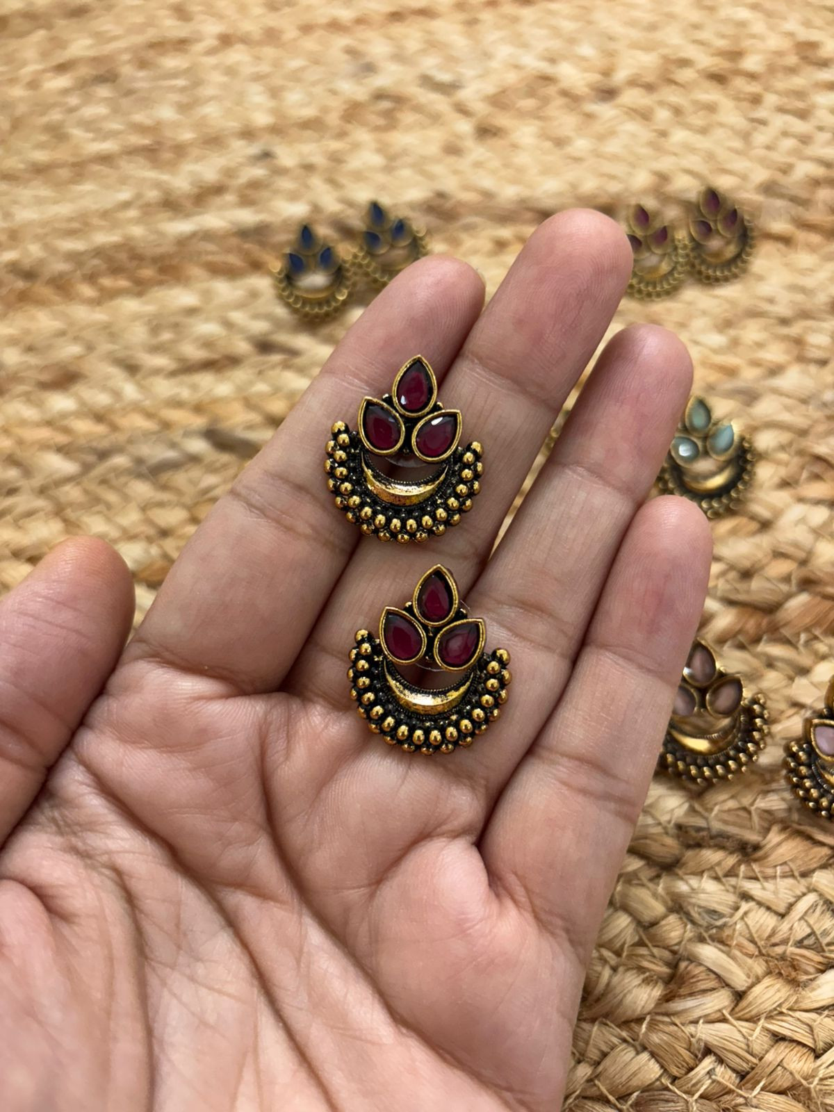 Metallic Oxidised Gold Earrings - Maroon