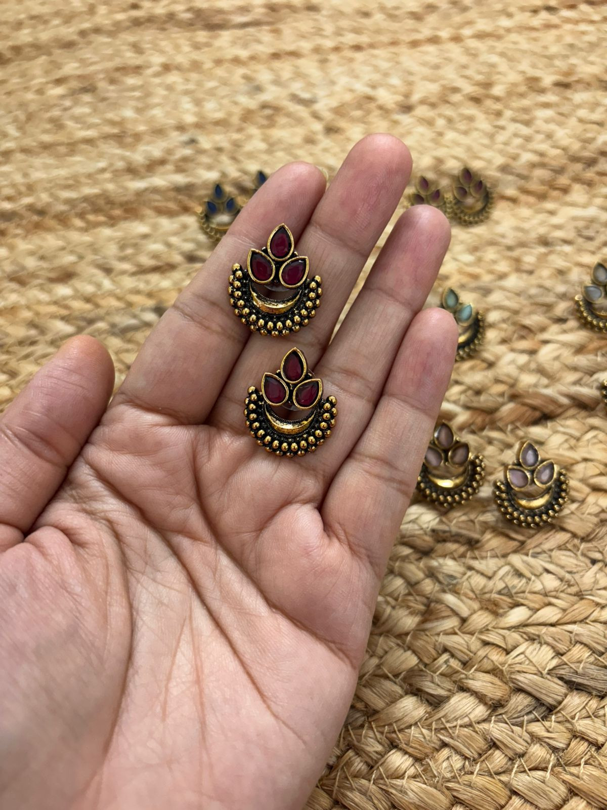 Metallic Oxidised Gold Earrings - Maroon