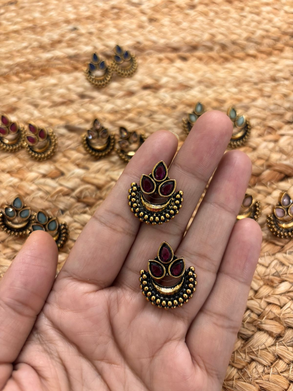 Metallic Oxidised Gold Earrings - Wine