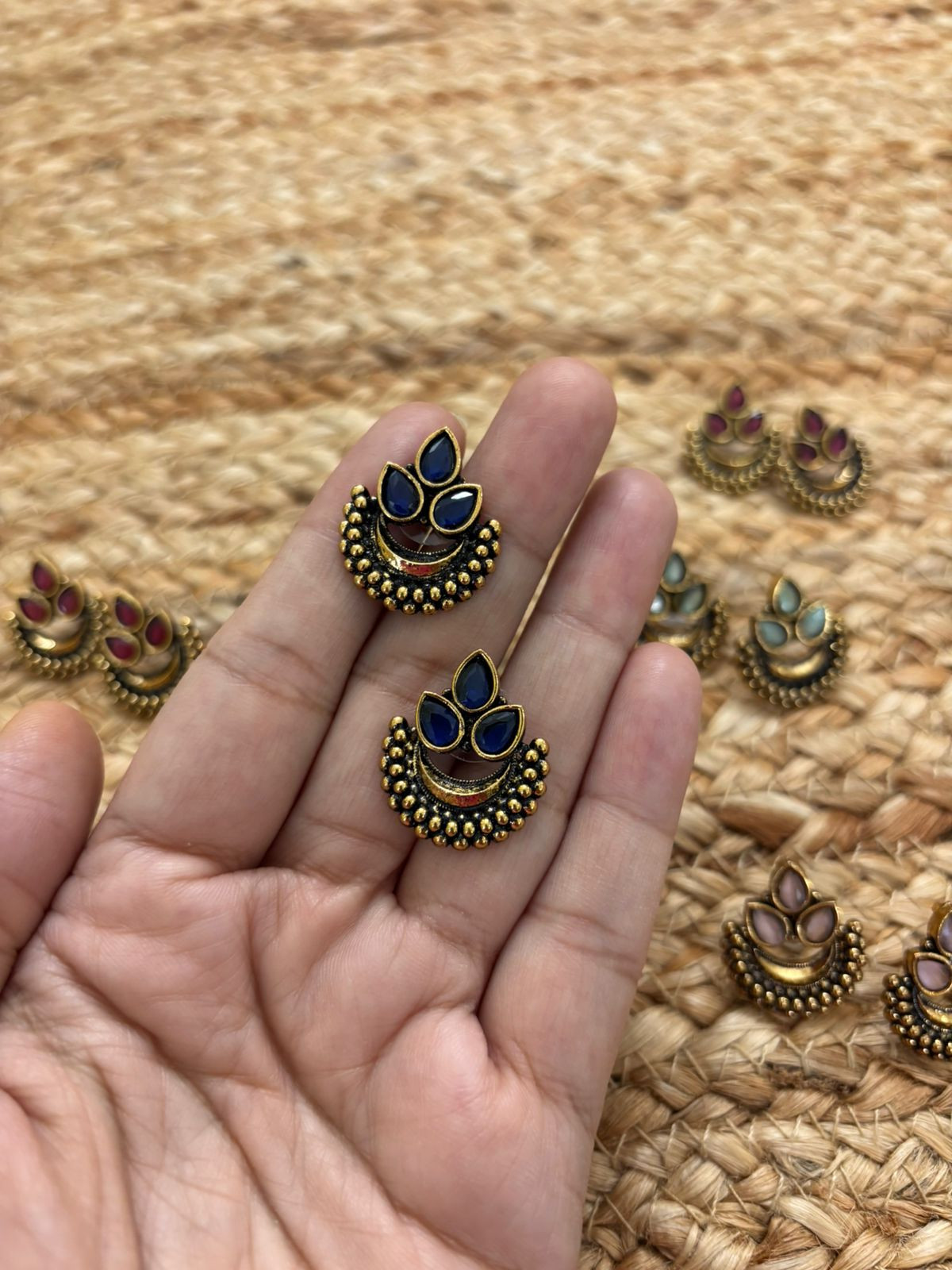 Metallic Oxidised Gold Earrings - Blue