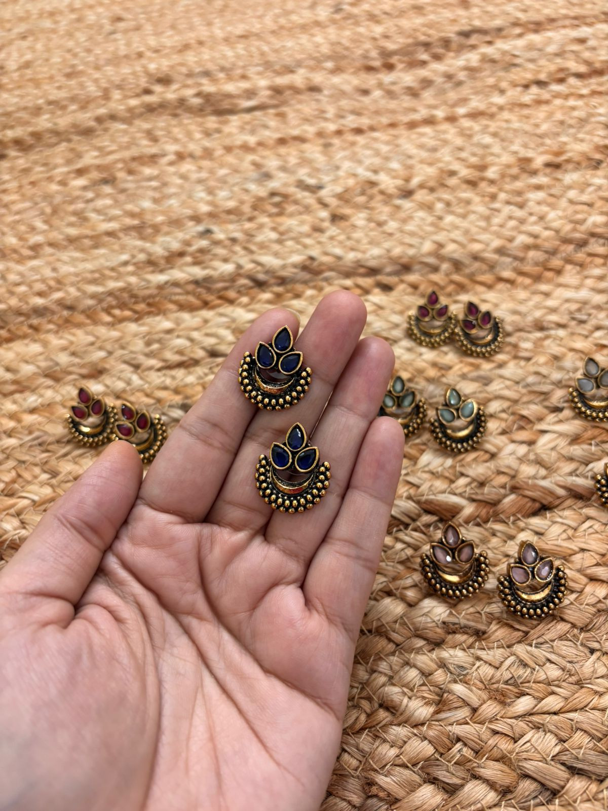 Metallic Oxidised Gold Earrings - Blue