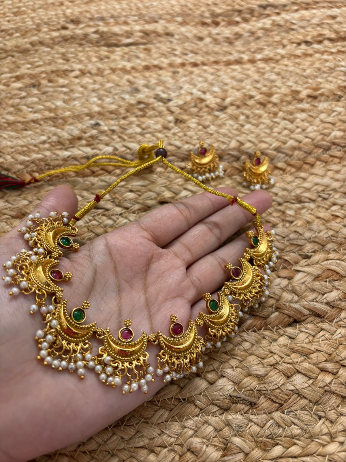 Metallic Gold Necklace Set With Stone and Pearl Settings -Maroon-Green