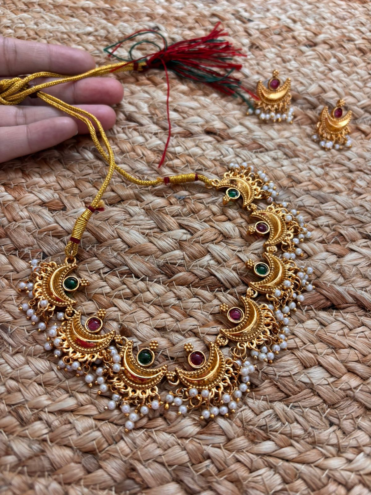 Metallic Gold Necklace Set With Stone and Pearl Settings -Maroon-Green