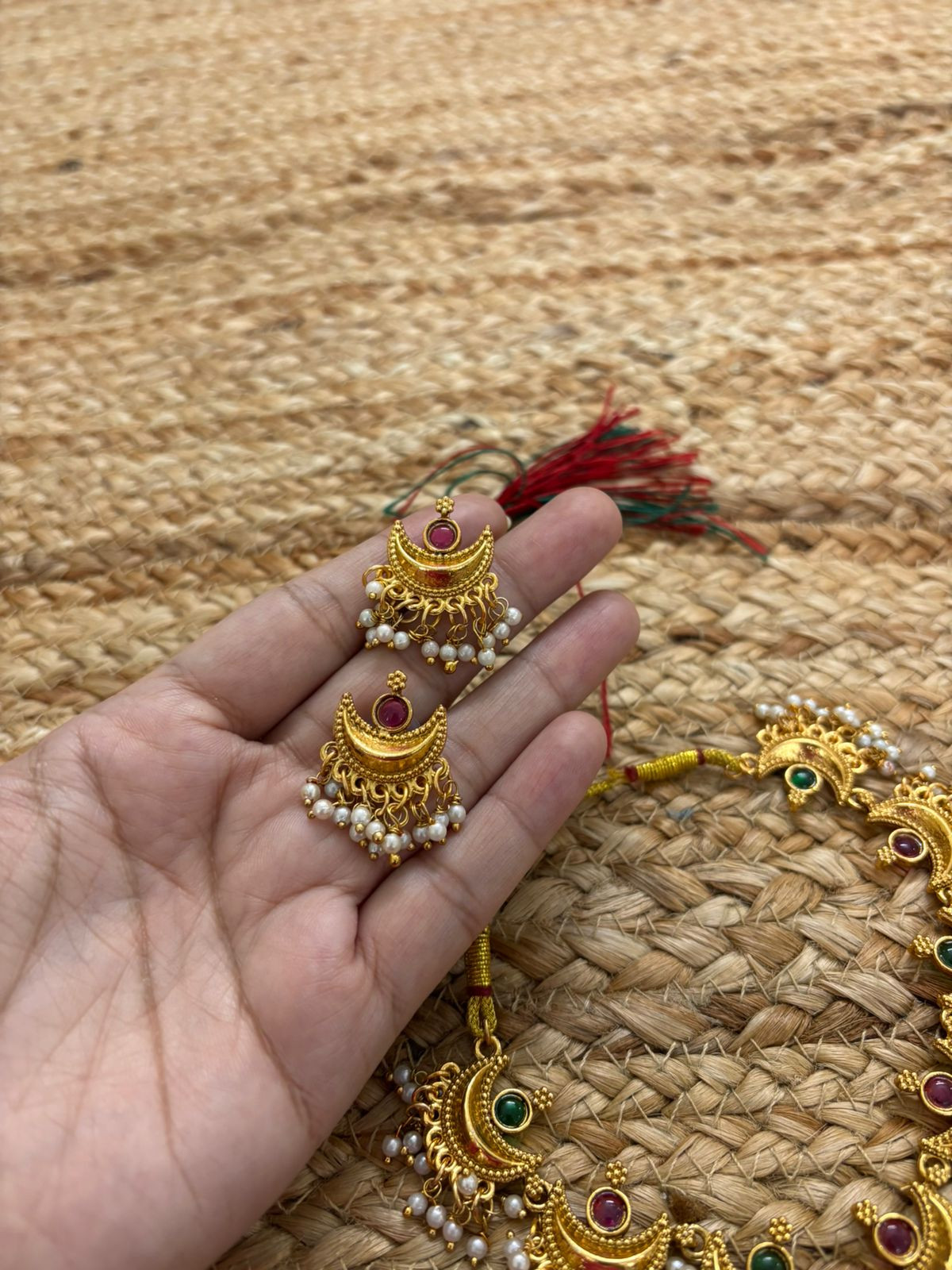 Metallic Gold Necklace Set With Stone and Pearl Settings -Maroon-Green