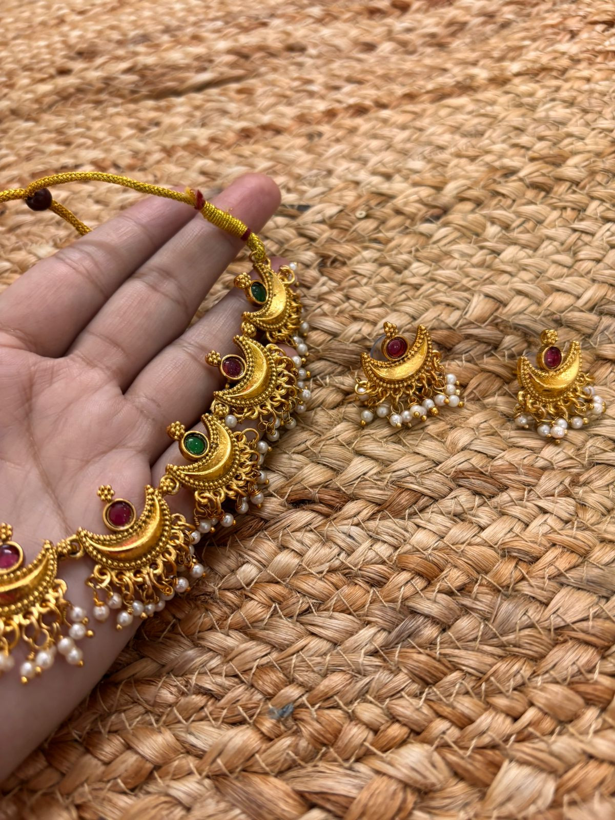 Metallic Gold Necklace Set With Stone and Pearl Settings -Maroon-Green