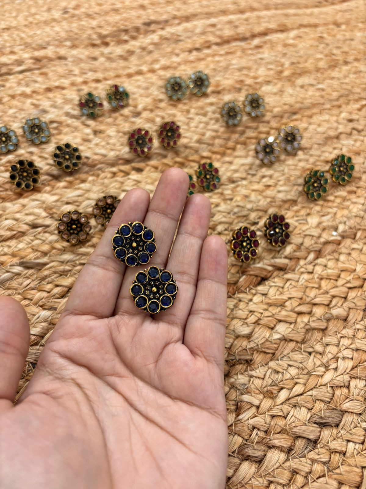 Metallic Oxidised Gold Earrings - Blue