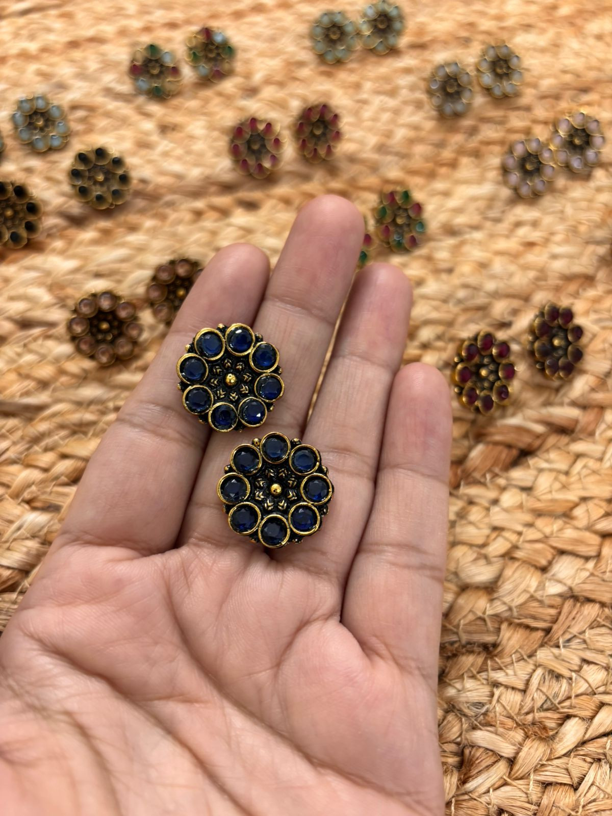 Metallic Oxidised Gold Earrings - Blue