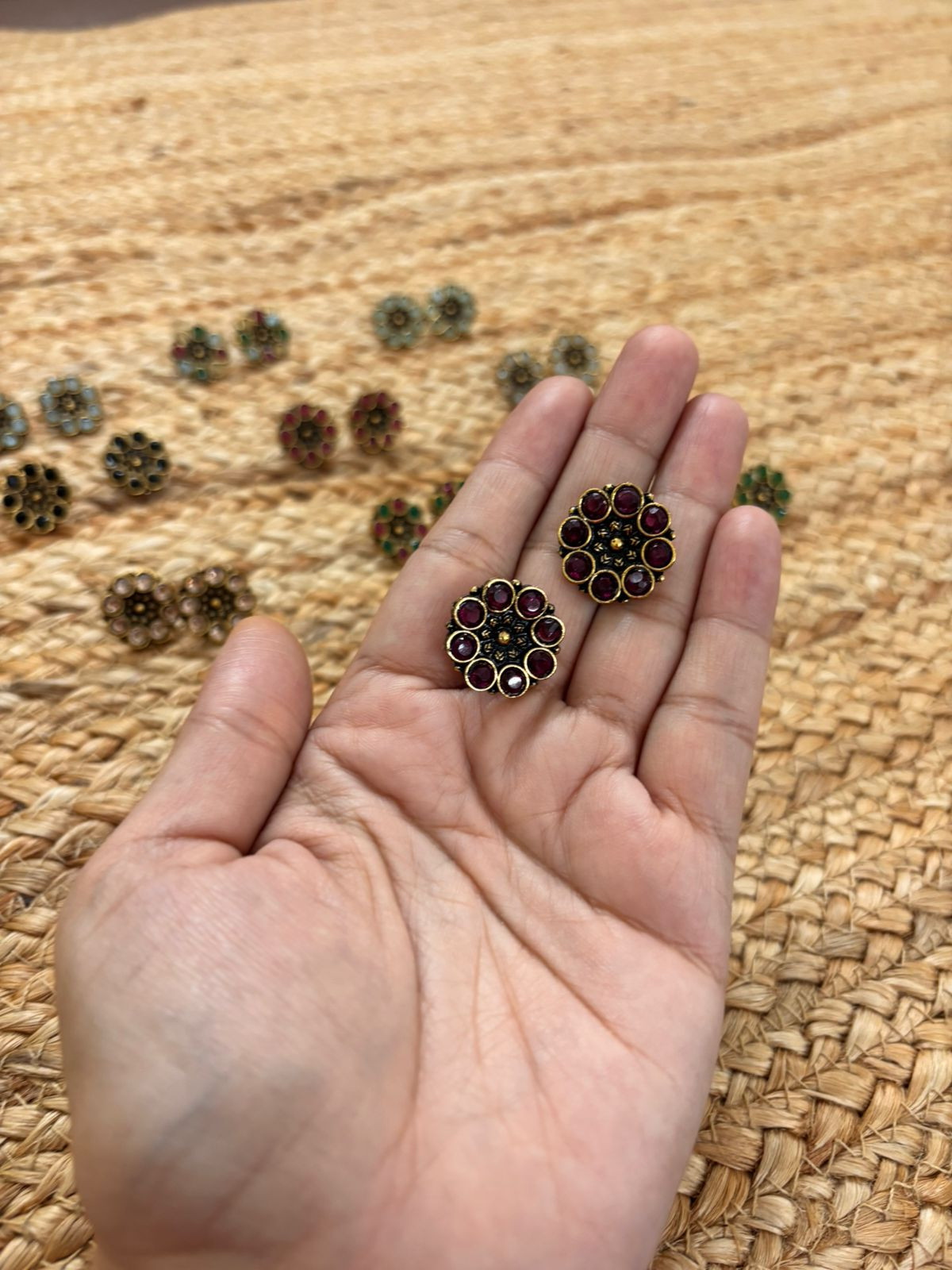 Metallic Oxidised Gold Earrings - Wine