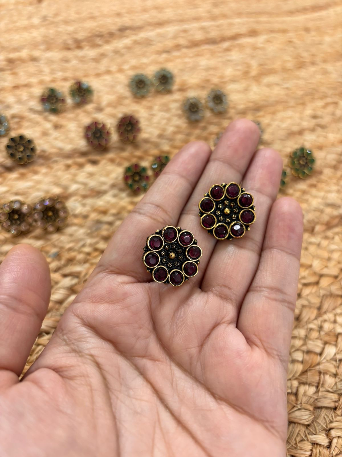 Metallic Oxidised Gold Earrings - Wine