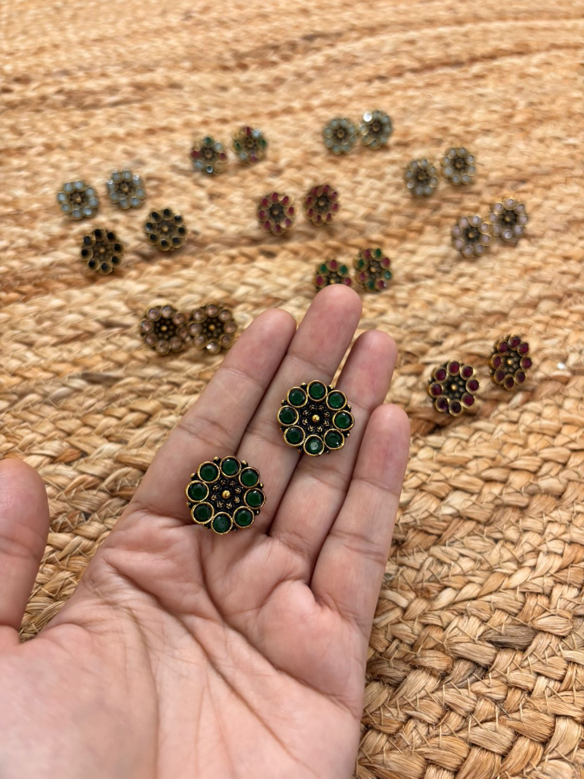 Metallic Oxidised Gold Earrings - Green