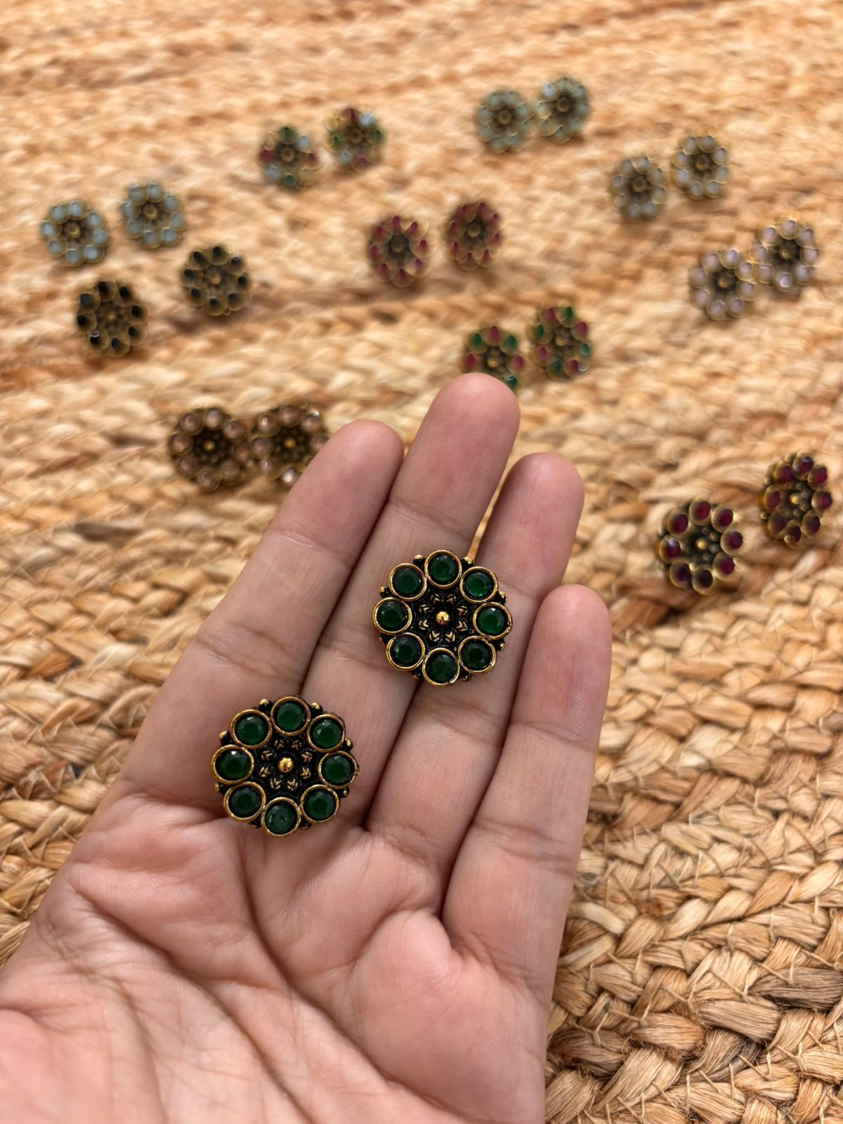 Metallic Oxidised Gold Earrings - Green