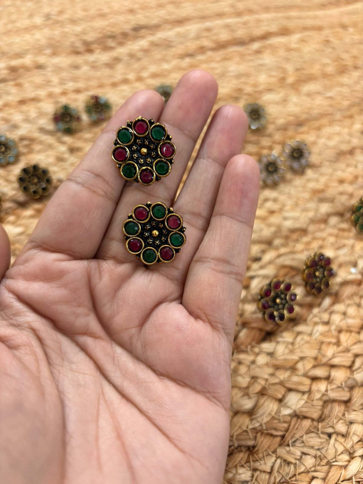 Metallic Oxidised Gold Earrings - Red-Green