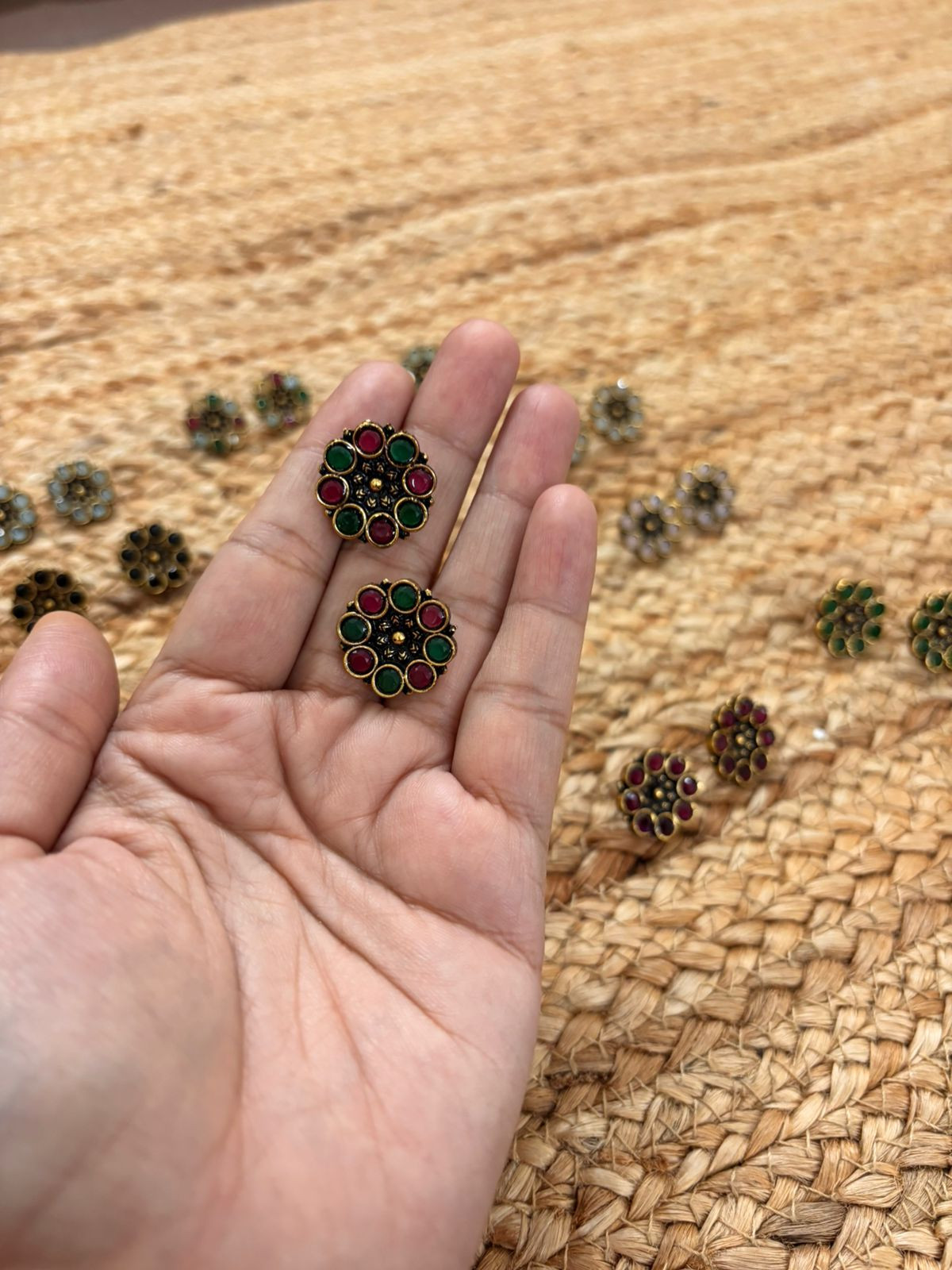 Metallic Oxidised Gold Earrings - Red-Green