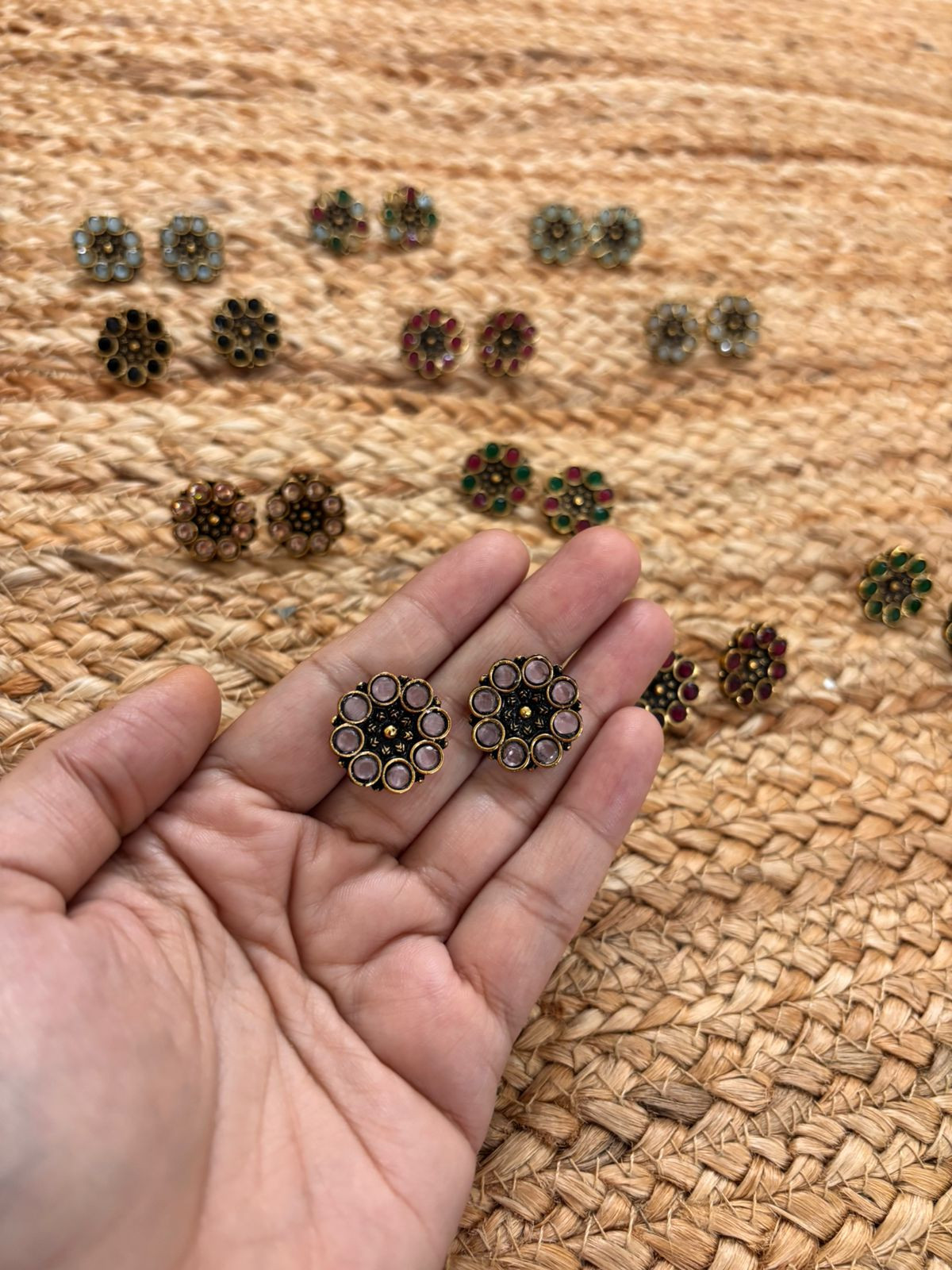 Metallic Oxidised Gold Earrings - Pink