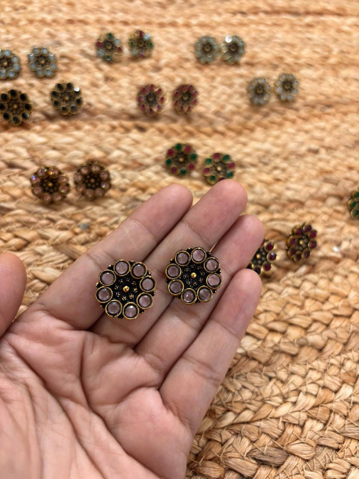 Metallic Oxidised Gold Earrings - Pink