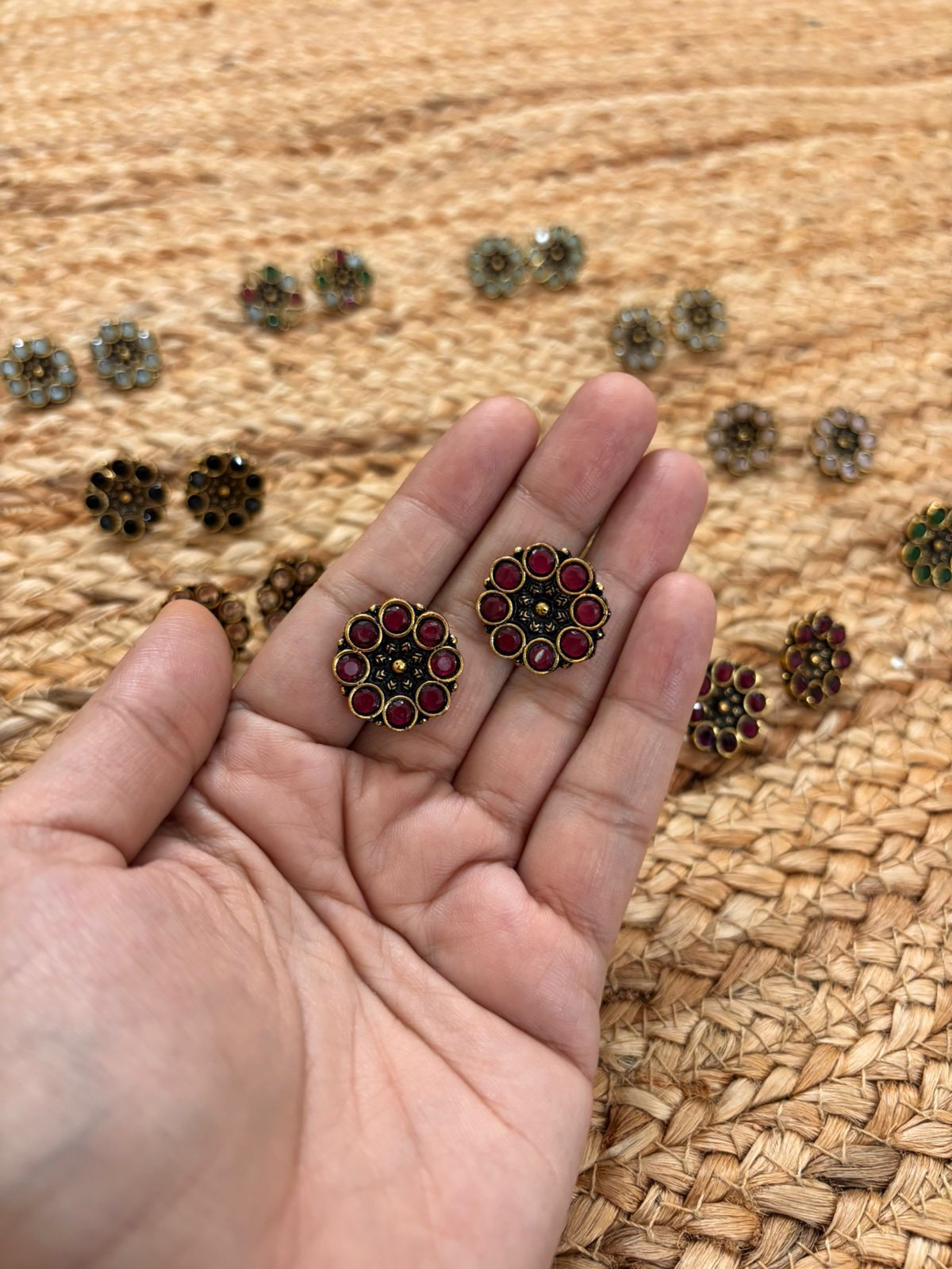 Metallic Oxidised Gold Earrings - Maroon