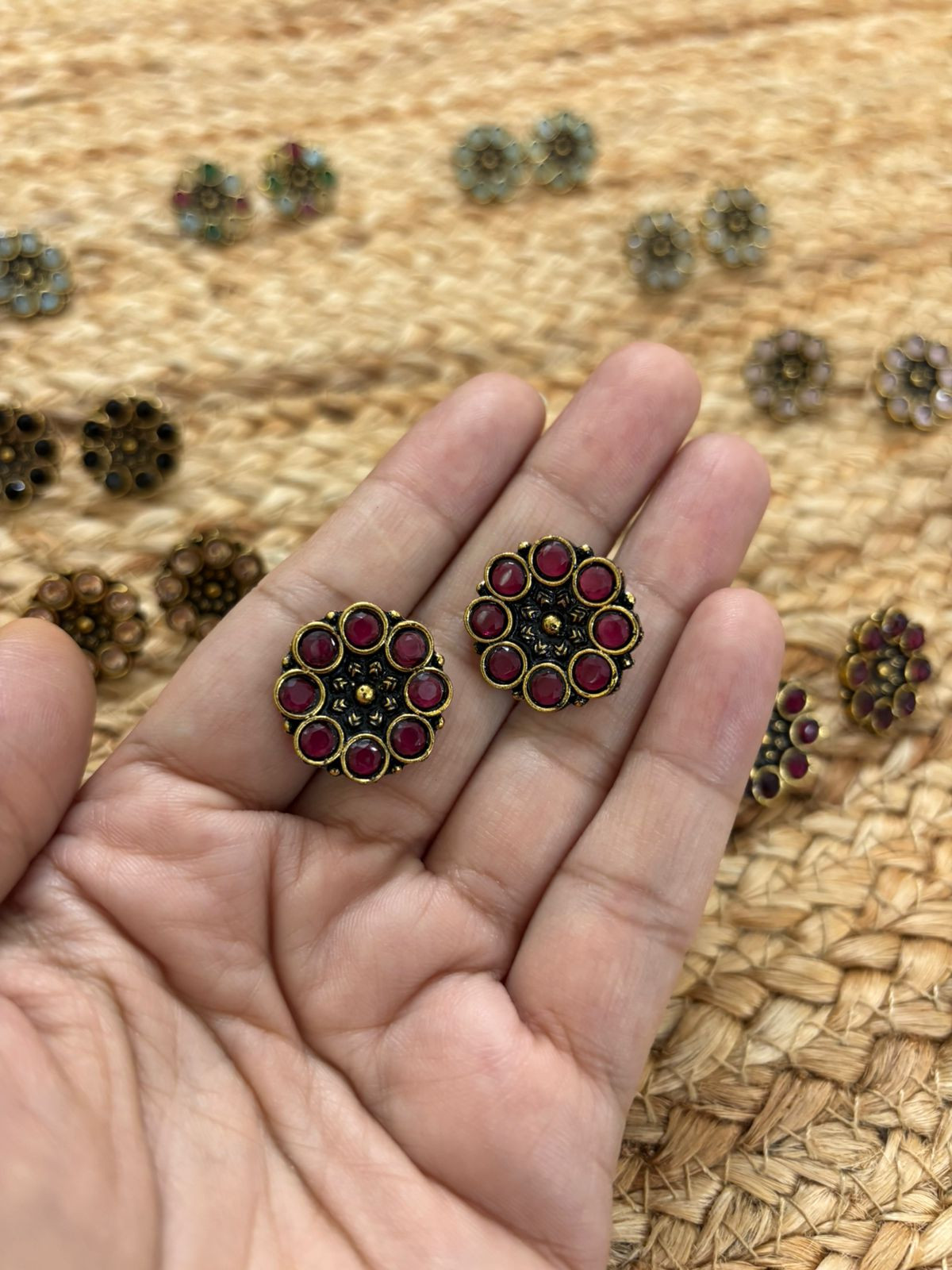 Metallic Oxidised Gold Earrings - Maroon