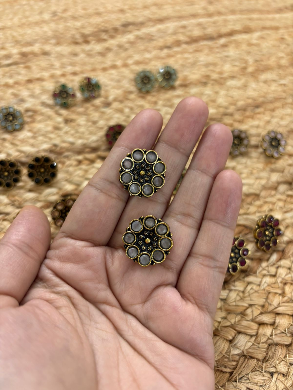 Metallic Oxidised Gold Earrings - White
