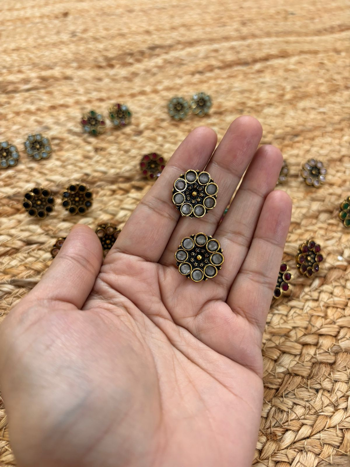 Metallic Oxidised Gold Earrings - White