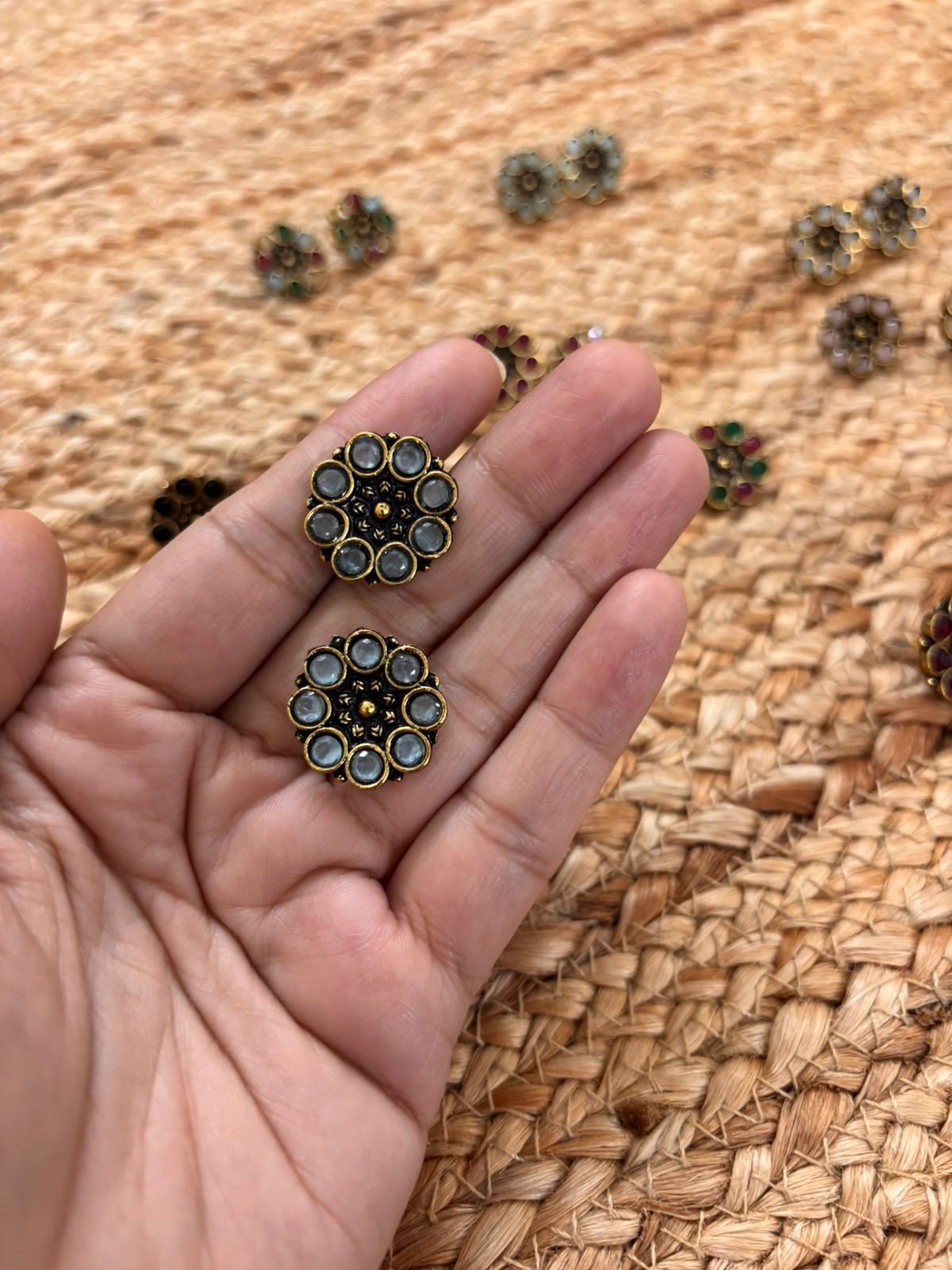 Metallic Oxidised Gold Earrings - Sea Blue