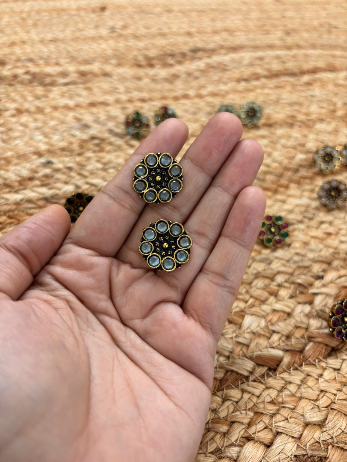 Metallic Oxidised Gold Earrings - Sea Blue