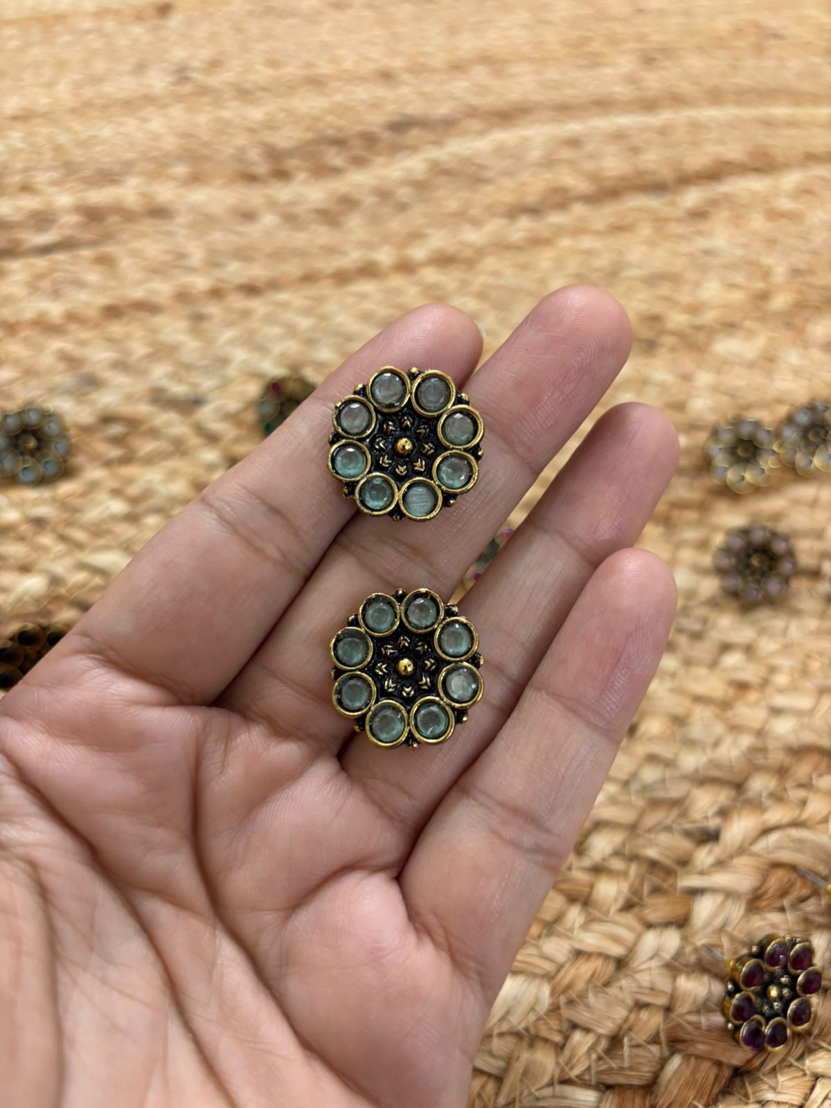 Metallic Oxidised Gold Earrings - Sea Green