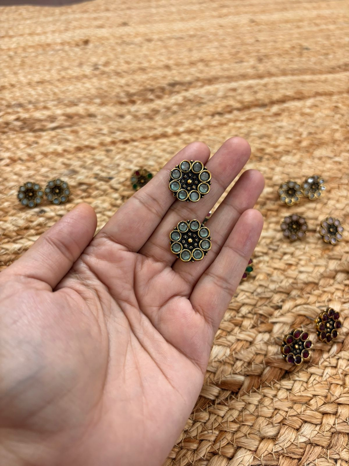 Metallic Oxidised Gold Earrings - Sea Green