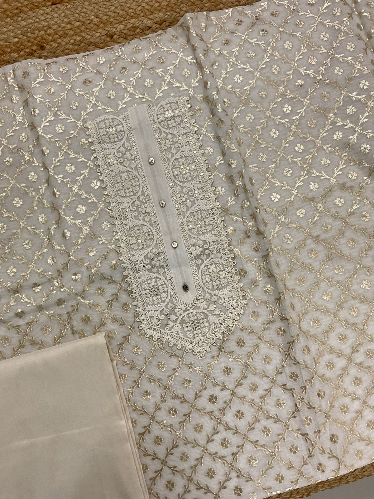 Soft Chanderi Banarasi Weaved Embroidered Suit - Off White