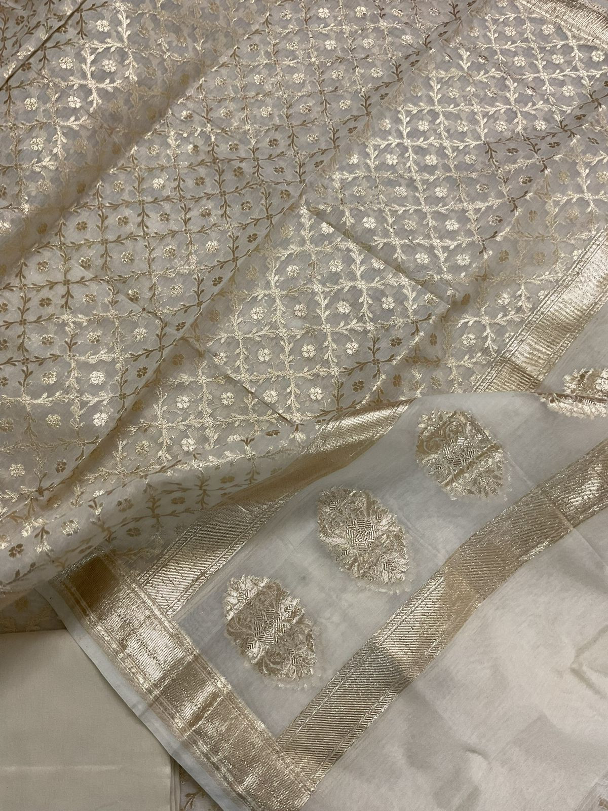 Soft Chanderi Banarasi Weaved Embroidered Suit - Off White