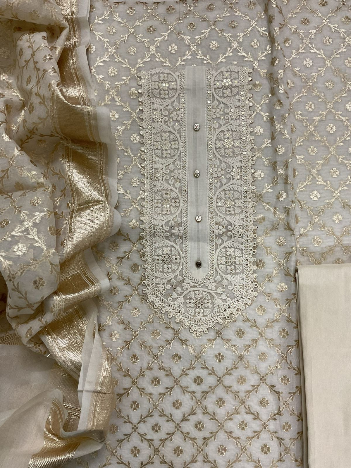 Soft Chanderi Banarasi Weaved Embroidered Suit - Off White