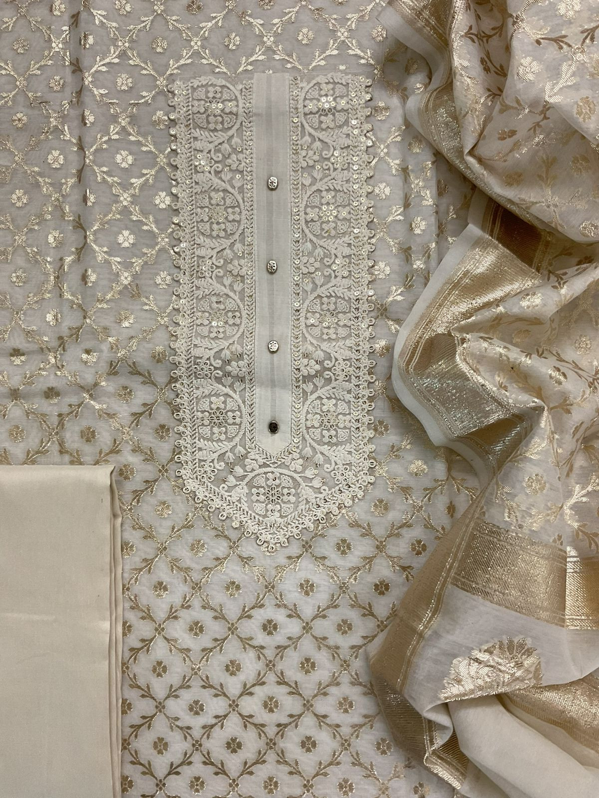 Soft Chanderi Banarasi Weaved Embroidered Suit - Off White