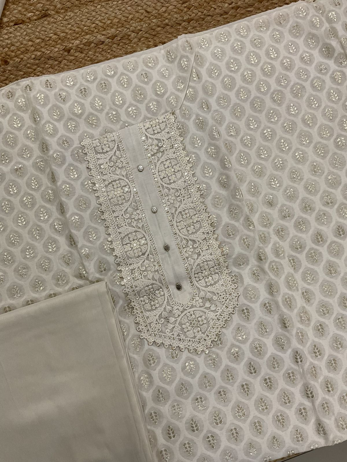 Soft Chanderi Banarasi Weaved Embroidered Suit - Off White