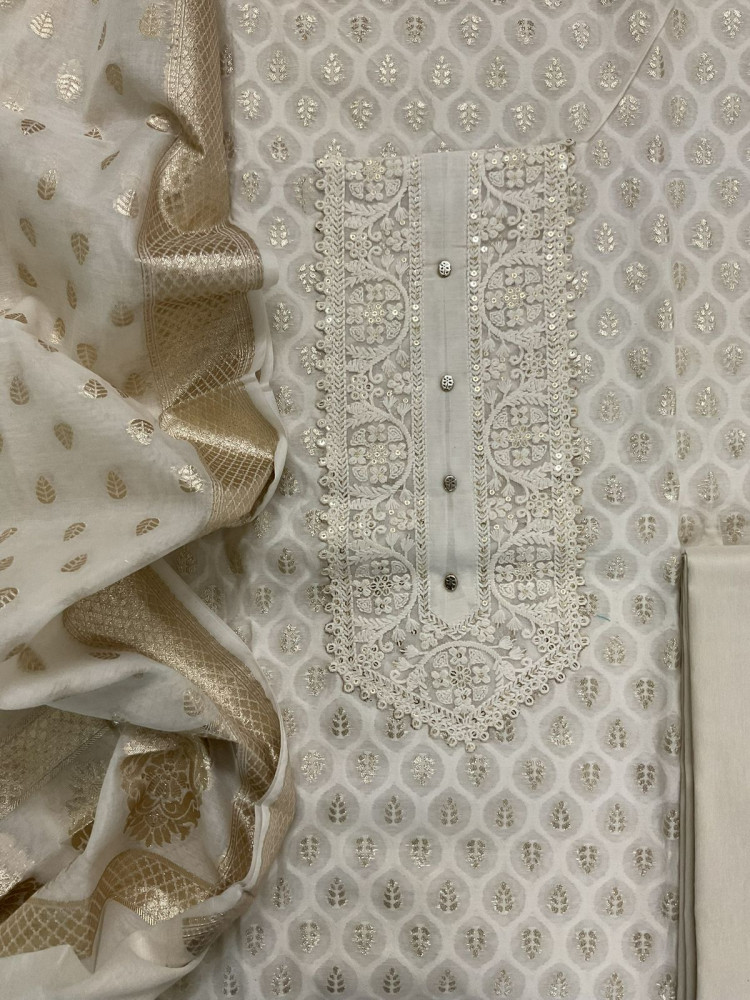 Image of Soft Chanderi Banarasi Weaved Embroidered Suit - Off White