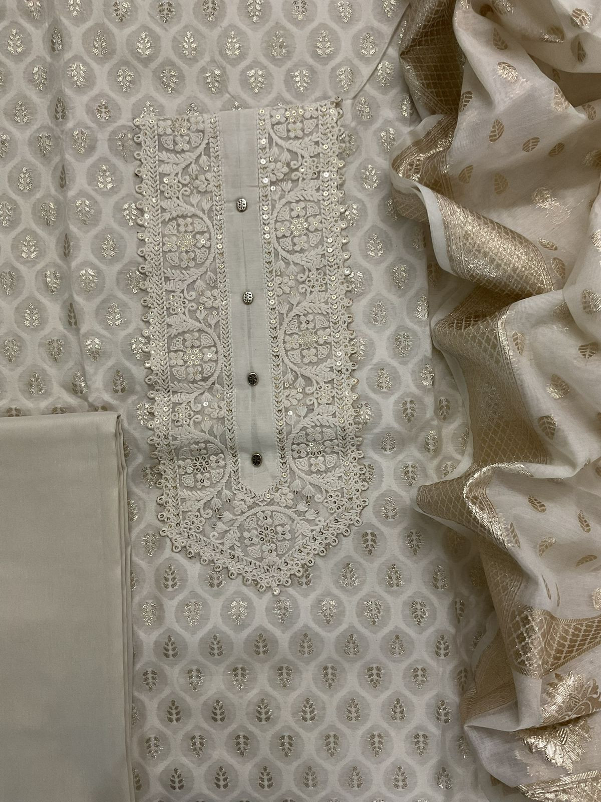 Soft Chanderi Banarasi Weaved Embroidered Suit - Off White