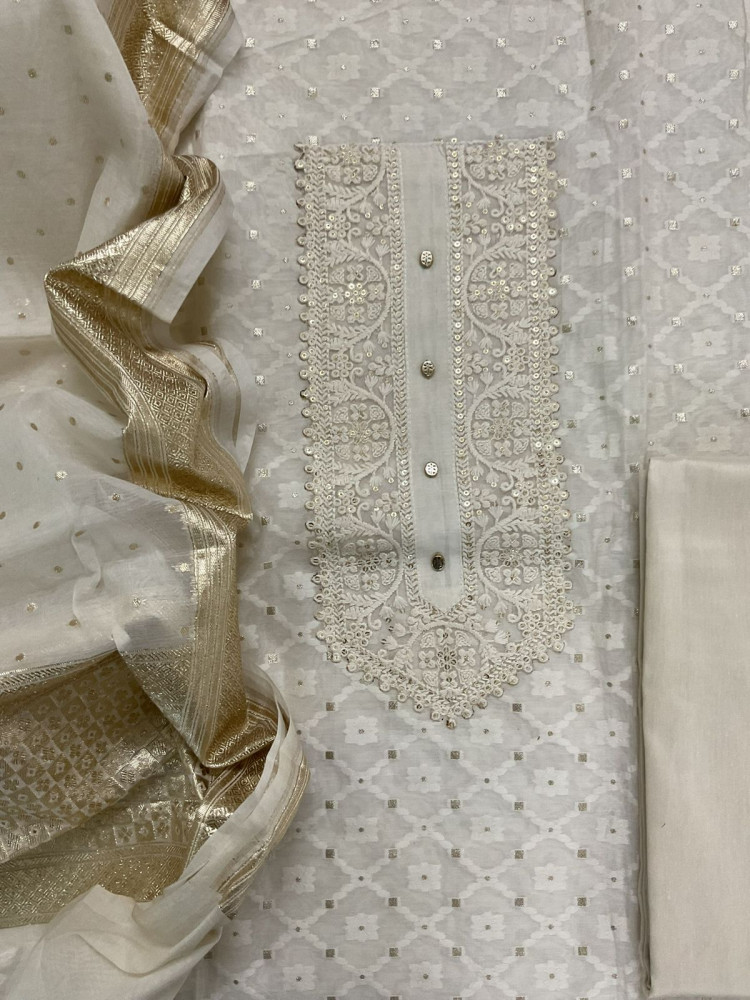 Image of Soft Chanderi Banarasi Weaved Embroidered Suit - Off White