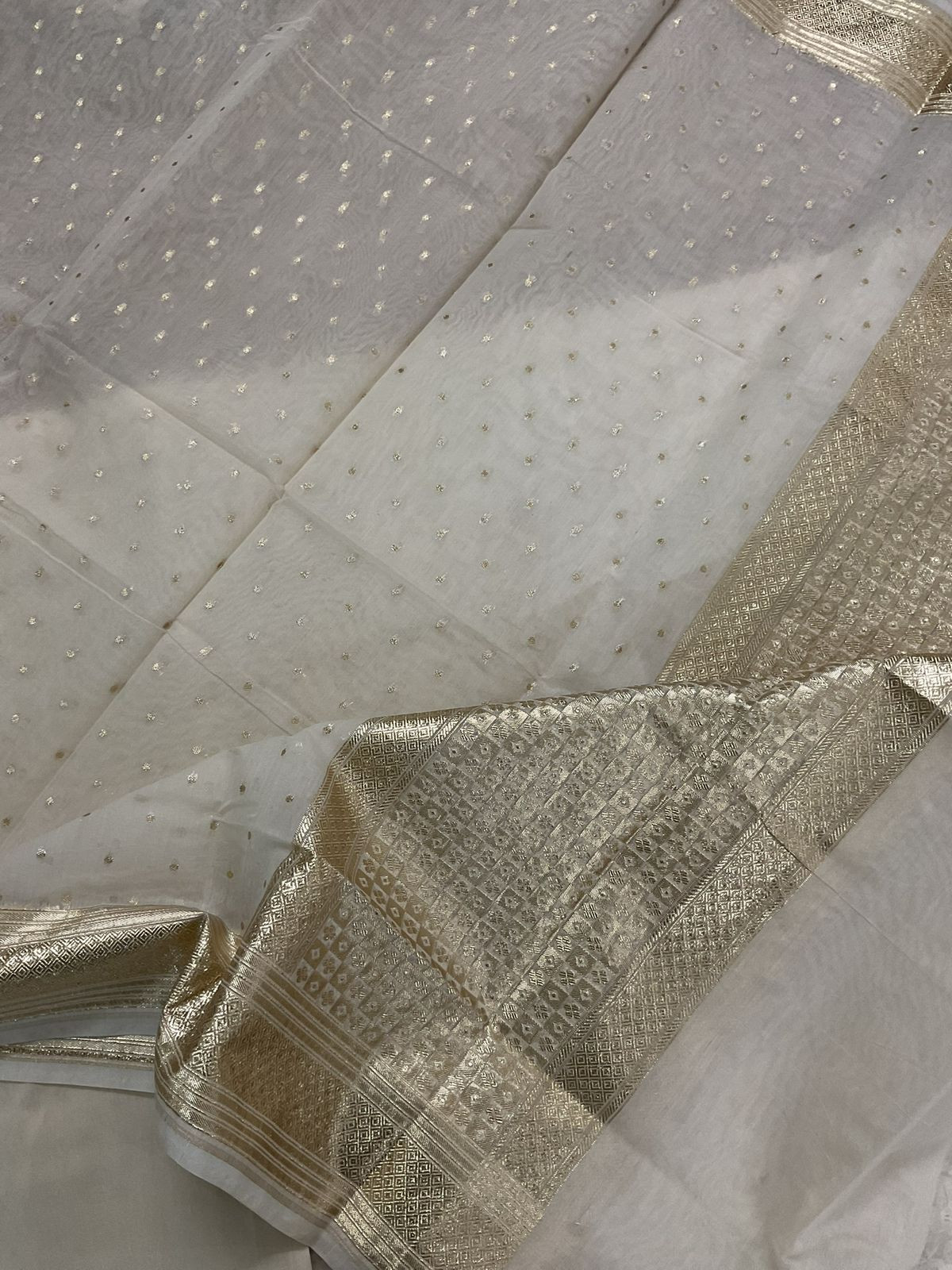 Soft Chanderi Banarasi Weaved Embroidered Suit - Off White