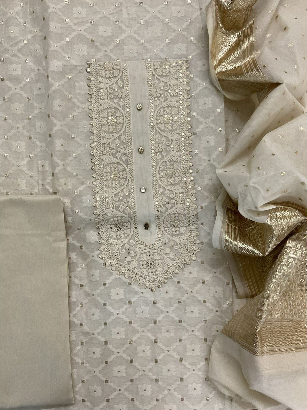 Soft Chanderi Banarasi Weaved Embroidered Suit - Off White
