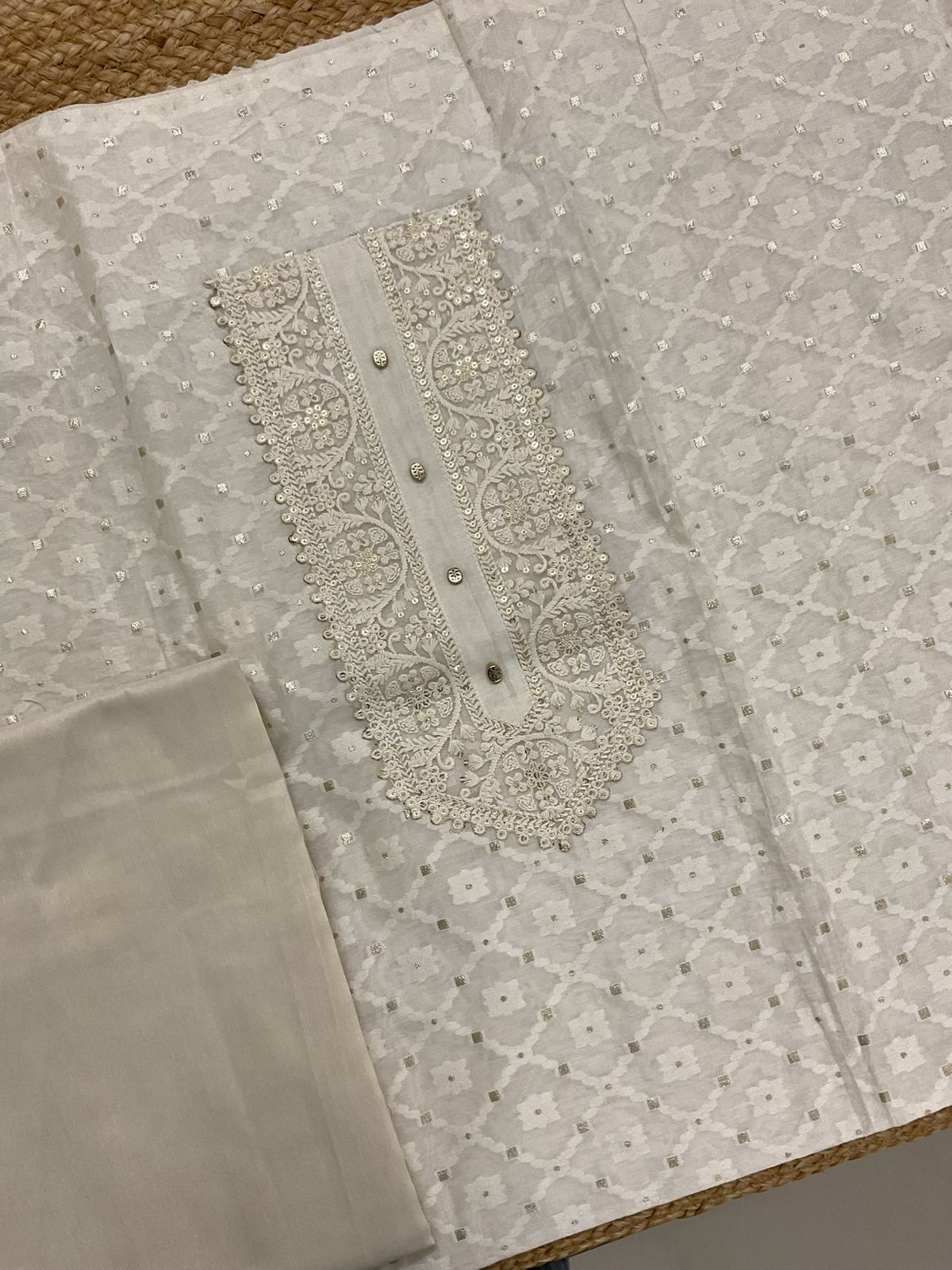 Soft Chanderi Banarasi Weaved Embroidered Suit - Off White