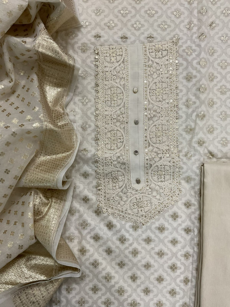 Image of Soft Chanderi Banarasi Weaved Embroidered Suit - Off White