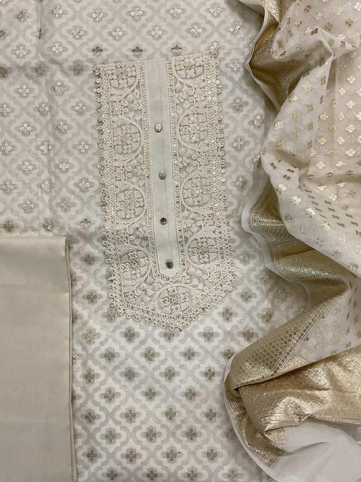 Soft Chanderi Banarasi Weaved Embroidered Suit - Off White