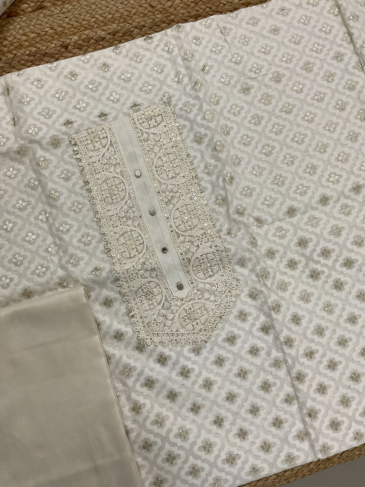 Soft Chanderi Banarasi Weaved Embroidered Suit - Off White